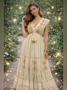 STUNNING Embroidered Maxi Dress in Metallic Gold & Cream w/ Mirror Accents